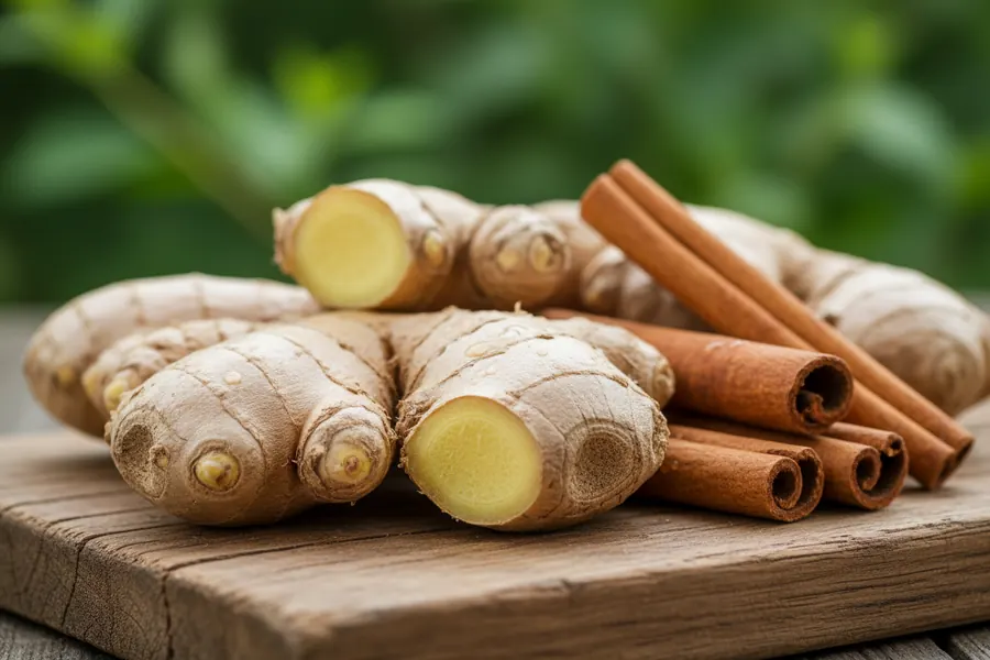 Raw ginger and cinnamon sticks
